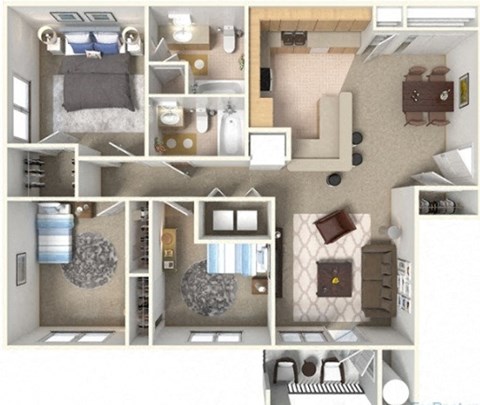 Floor plan for 3 beds, 2 baths, 1274 sqft